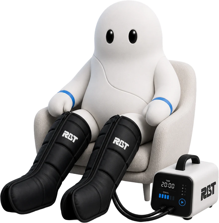 Bob, la mascota de Reboot, con botas de presoterapia
