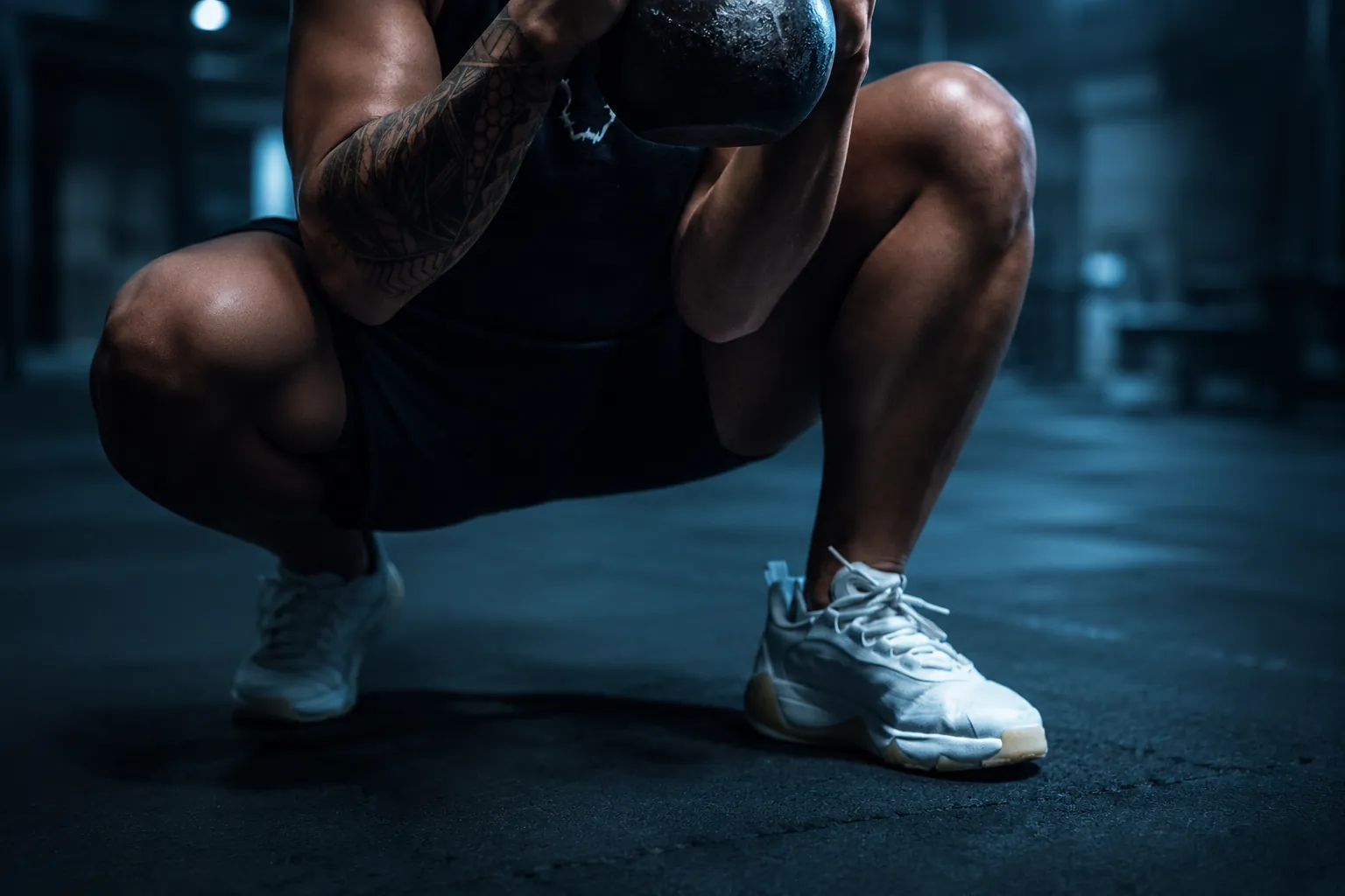 Atleta en sentadilla profunda durante una sesión de entrenamiento